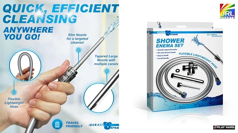 XR Brands Clean Stream Shower Enema Set featuring flexible lightweight hose and tapered multi-channel nozzle for adult retail hygiene buyers